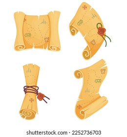 Ancient map, parchment scrolls, ancient manuscripts. Ancient folded document, treasure hunt, message, page, parchment. Historical torn paper vector illustration