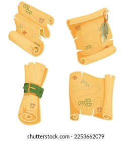 Ancient map, parchment scrolls, ancient manuscripts. Ancient folded document, treasure hunt, message, page, parchment. Historical torn paper vector illustration