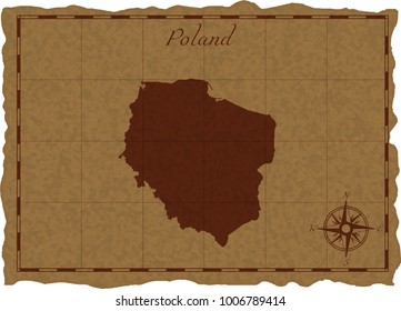 Ancient map with Poland silhouette on old parchment. Vector illustration. Separate layers.