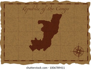 Ancient map with Republic of the Congo silhouette on old parchment. Vector illustration. Separate layers.