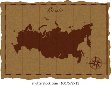 Ancient map with Russia silhouette on old parchment. Vector illustration. Separate layers.
