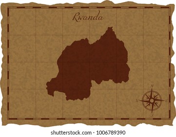 Ancient map with Rwanda silhouette on old parchment. Vector illustration. Separate layers.