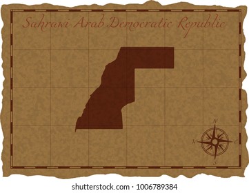 Ancient map with Sahrawi Arab Democratic Republic silhouette on old parchment. Vector illustration. Separate layers.