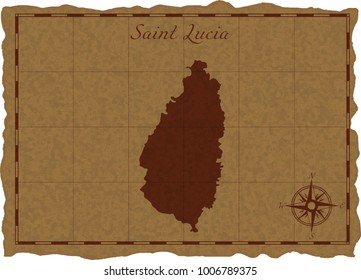 Ancient map with Saint Lucia silhouette on old parchment. Vector illustration. Separate layers.