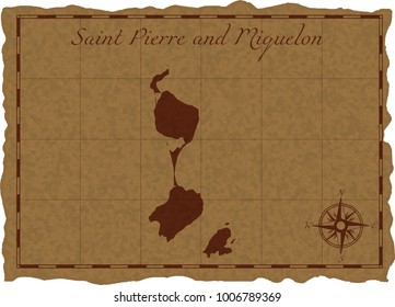 Ancient map with Saint Pierre and Miquelon silhouette on old parchment. Vector illustration. Separate layers.