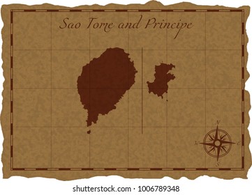 Ancient map with Sao Tome and Principe silhouette on old parchment. Vector illustration. Separate layers.