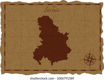 Ancient map with Serbia silhouette on old parchment. Vector illustration. Separate layers.
