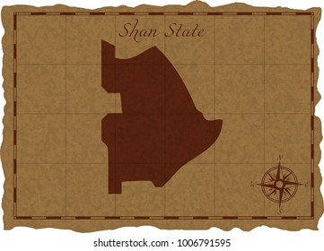Ancient map with Shan State silhouette on old parchment. Vector illustration. Separate layers.