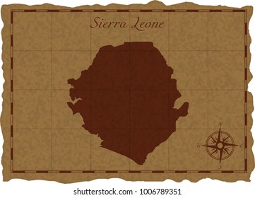 Ancient map with Sierra Leone silhouette on old parchment. Vector illustration. Separate layers.