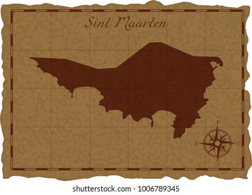 Ancient map with Sint Maarten silhouette on old parchment. Vector illustration. Separate layers.