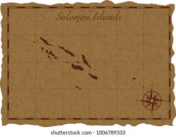 Ancient map with Solomon Islands silhouette on old parchment. Vector illustration. Separate layers.
