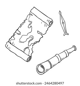 Ancient map, spyglass black white contour vector illustration isolated. Rolled up map papyrus silhouette hand drawn in ink. Compass needle hand graphic. Element for airplane collection