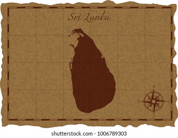 Ancient map with Sri Lanka silhouette on old parchment. Vector illustration. Separate layers.