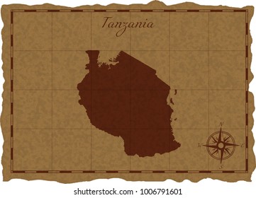 Ancient map with Tanzania silhouette on old parchment. Vector illustration. Separate layers.