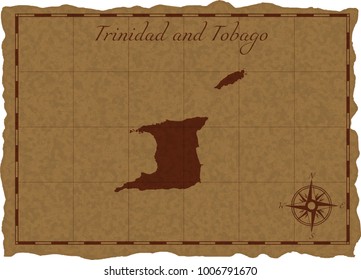 Ancient map with Trinidad and Tobago silhouette on old parchment. Vector illustration. Separate layers.