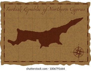 Ancient map with Turkish Republic of Northern Cyprus silhouette on old parchment. Vector illustration. Separate layers.