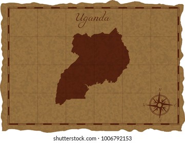 Ancient map with Uganda silhouette on old parchment. Vector illustration. Separate layers.