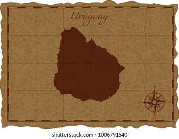 Ancient map with Uruguay silhouette on old parchment. Vector illustration. Separate layers.