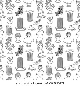 Antike Marmorstatuen und Skulpturen handgezeichnete lineare Vektorgrafik nahtlose Muster
