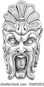 Ancient mask. Decorative element of the facade of a historic building in Prague. Czech Republic. Vector illustration