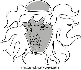 Ancient mask of man lion. Line art vector