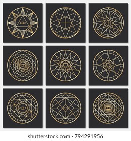 Ancient masonic pentagrams. Steampunk gold sacred vector symbols on dark backgrounds. Mystery circle esoteric symbol, freemasonry geometry spirituality illustration