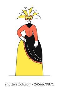 Ancient masquerade character simple. Woman in expensive dress and strange mask. Traditional clothes. Party and ball. Template and layout. Doodle flat vector illustration isolated on white background