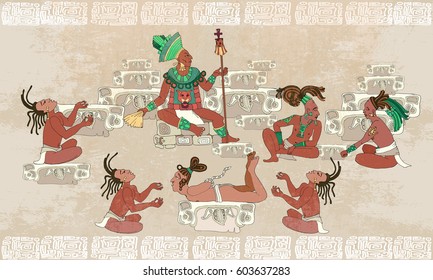 Ancient Maya, Aztec Inca. Traditional Mayan frescoes. Sacrifices scene. Ancient Maya in traditional suits. Murals ancient Mayan art 