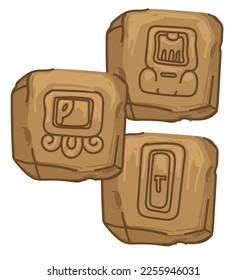 Ancient maya civilization alphabet on tiles, isolated stones with hieroglyphs or signs denoting letters or words. ABC of mayan people, science and knowledge in antiquity. Vector in flat style