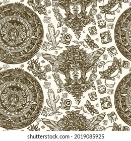 Ancient Maya Civilization background. Mexican mesoamerican culture. Aztec sun stone, golden totem and mayan glyphs seamless pattern