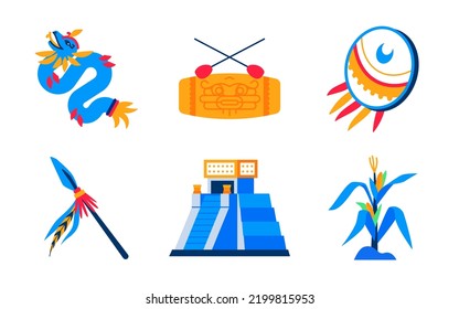 Ancient Maya civilization - flat design style illustration set. High quality images of sacred pyramid and temple, hunting spear, corn, dragon, drum and warrior shield. Ethnic, history and tribal life