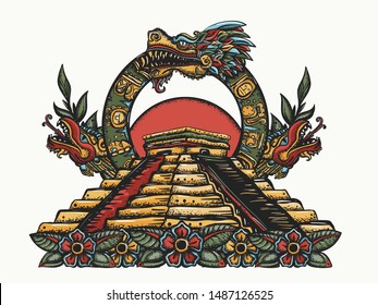 Ancient Maya Civilization. Kukulkan. Feathered Serpent and pyramids. Chichen Itza art. Quetzalcoatl. Mesoamerican mexico mythology. Color tattoo and t-shirt design 