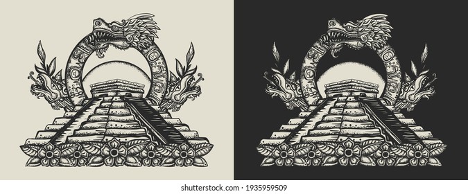 Ancient Maya Civilization. Kukulkan. Feathered Serpent and pyramids. Chichen Itza. Quetzalcoatl. Template for clothes, covers, emblems, stickers, poster and t-shirt design. Typography art 