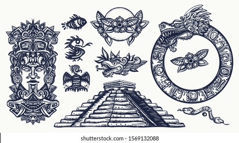 Ancient Maya Civilization. Mexican mesoamerican culture. Traditional tattooing style. Totem, glyphs, pyramid, Kukulkan god. Old school collection 