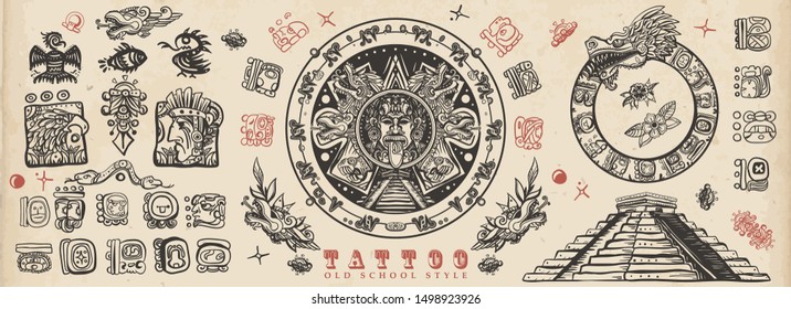 Ancient Maya Civilization. Old school tattoo collection. Mayan, Aztecs, Incas. Sun stone pyramids, glyphs, Kukulkan. Ancient mexican mesoamerican culture. Vintage traditional tattooing style 