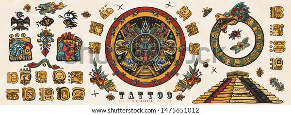 Ancient Maya\
Civilization. Old school tattoo collection. Mayan, Aztecs, Incas.\
Sun stone, pyramids, glyphs Kukulkan. Mexican mesoamerican culture.\
Traditional tattooing style\
