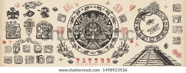 Ancient Maya Civilization. Old school tattoo collection.\
Mayan, Aztecs, Incas. Sun stone pyramids, glyphs, Kukulkan. Ancient\
mexican mesoamerican culture. Vintage traditional tattooing style\
