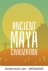 Ancient Maya Zivilisation Poster mit Pyramide, unterm Sonnenuntergang und Baum Blätter Hintergrund. Vektorgrafik von Maya-Kultursymbolen bei Sonnenuntergang