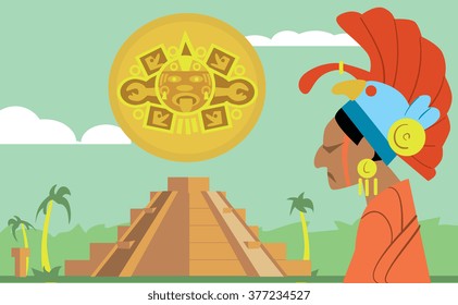 Ancient Maya Civilization. Vector chichen itza pyramid in Mexico, sun stone, red indian character. Mayan, aztecs, incas culture illustration. Ancient mexican mesoamerican civilization heritage
