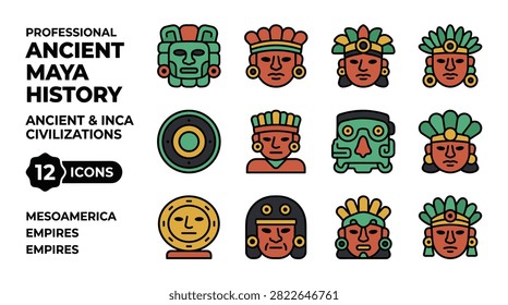 Ancient Maya History Icons Featuring Mesoamerican Empires and Civilizations