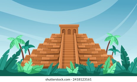 Ancient Maya pyramid. Mesoamerican architecture with lush tropical foliage cartoon vector background illustration of pyramid ancient, culture of monument civilization