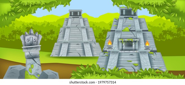 Ancient maya pyramid, vector Mexico temple ruin, jungle green landscape, rainforest silhouette. Aztec civilization landmark, old stone, bushes. Archeological travel illustration, tropical maya pyramid