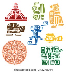 Ancient mayan and aztec totems or religious signs with colorful symbols of sun, bird, snake, turtle, fish, lizard, pyramid and warrior. For tattoo or t-shirt design