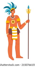 Ancient Mayan Or Aztec Warrior, Soldier With Sharp Spear And Ornamental Necklace. Headwear Made Of Feathers And Leather. Monarch Or Ruler, Religious Rituals And Traditions. Vector In Flat Style