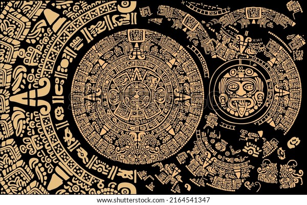 Ancient Mayan Calendar. Abstract design with an ancient\
Mayan ornament.\
Images of characters of ancient American\
Indians.The Aztecs, Mayans, Incas.\
The Mayan alphabet.Ancient\
signs of America 