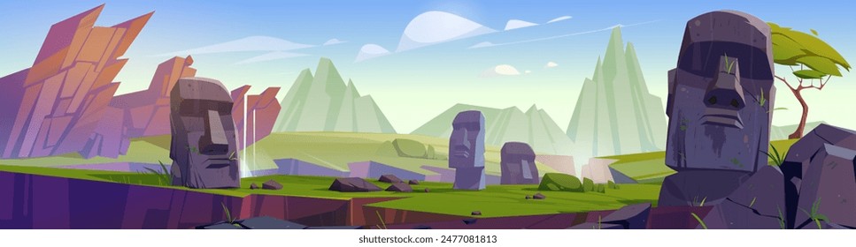 Escultura de cabeza de piedra de la antigua civilización maya ruinas en el valle con hierba verde y montañas rocosas. Vector de dibujos animados de la cultura azteca artefactos arqueológicos. Paisaje de verano con estatua tribal.