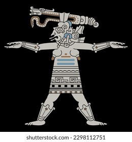 Ancient Mayan goddess with serpent on her head. Codex design. Indigenous Native American art. On black background.