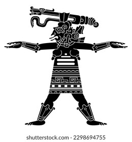 Ancient Mayan goddess with serpent on her head. Codex design. Indigenous Native American art. Black and white negative silhouette.