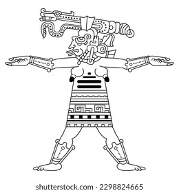 Ancient Mayan goddess with serpent on her head. Codex design. Indigenous Native American art. Black and white linear silhouette.
