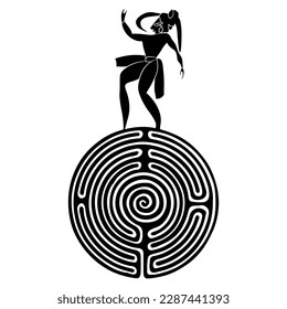 Ancient Mayan man dancing on a round spiral maze or labyrinth symbol. Mystery of Native American culture. Creative concept. Black and white silhouette. 